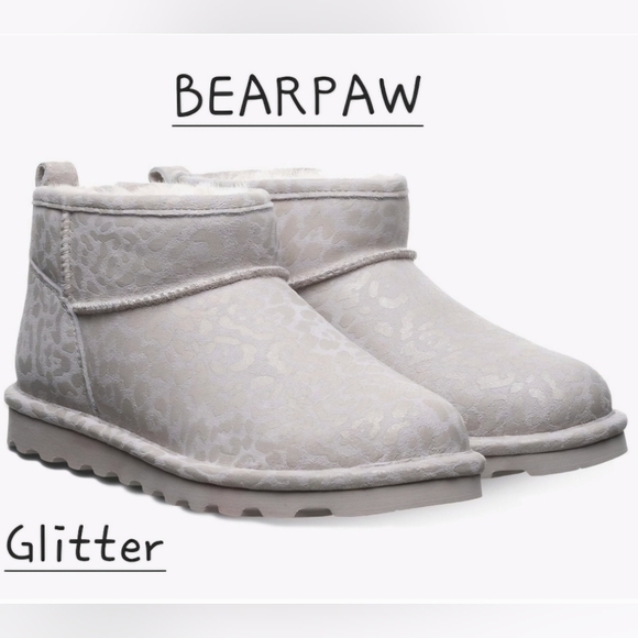 BEARPAW Shorty Exotic Winter White Leopard Glitter Suede Ankle Boots Woman 9 NWT - Picture 1 of 13